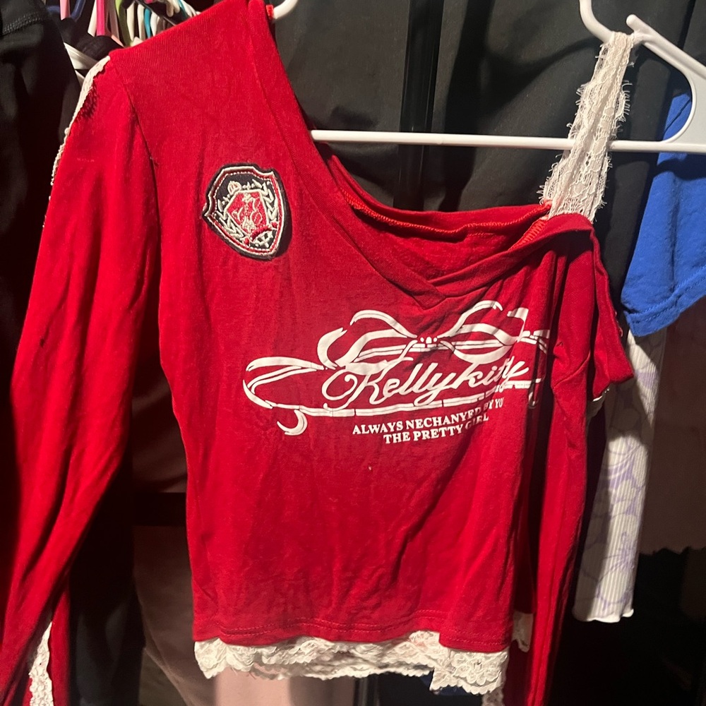 Red Long Sleeve Top with Lace Trim